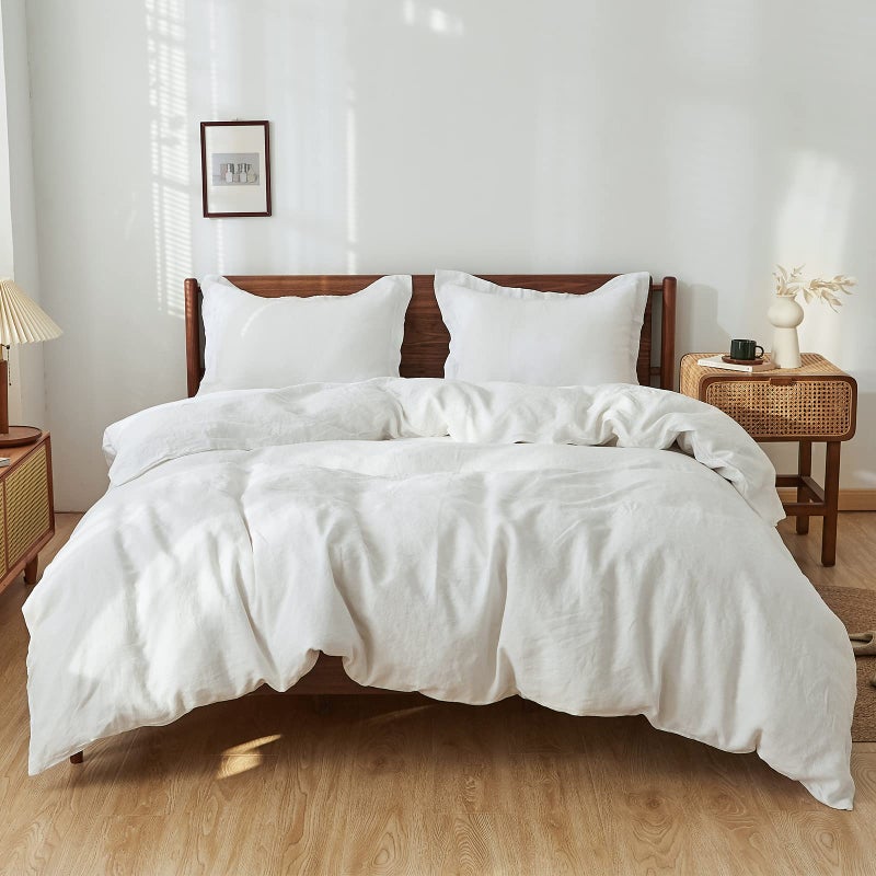 Simple&Opulence 100% Linen Duvet Cover Set 3pcs Basic Style Natural French Washed Flax Solid Color Soft Breathable Farmhouse Bedding with Button Closure - White, Queen - Image 1